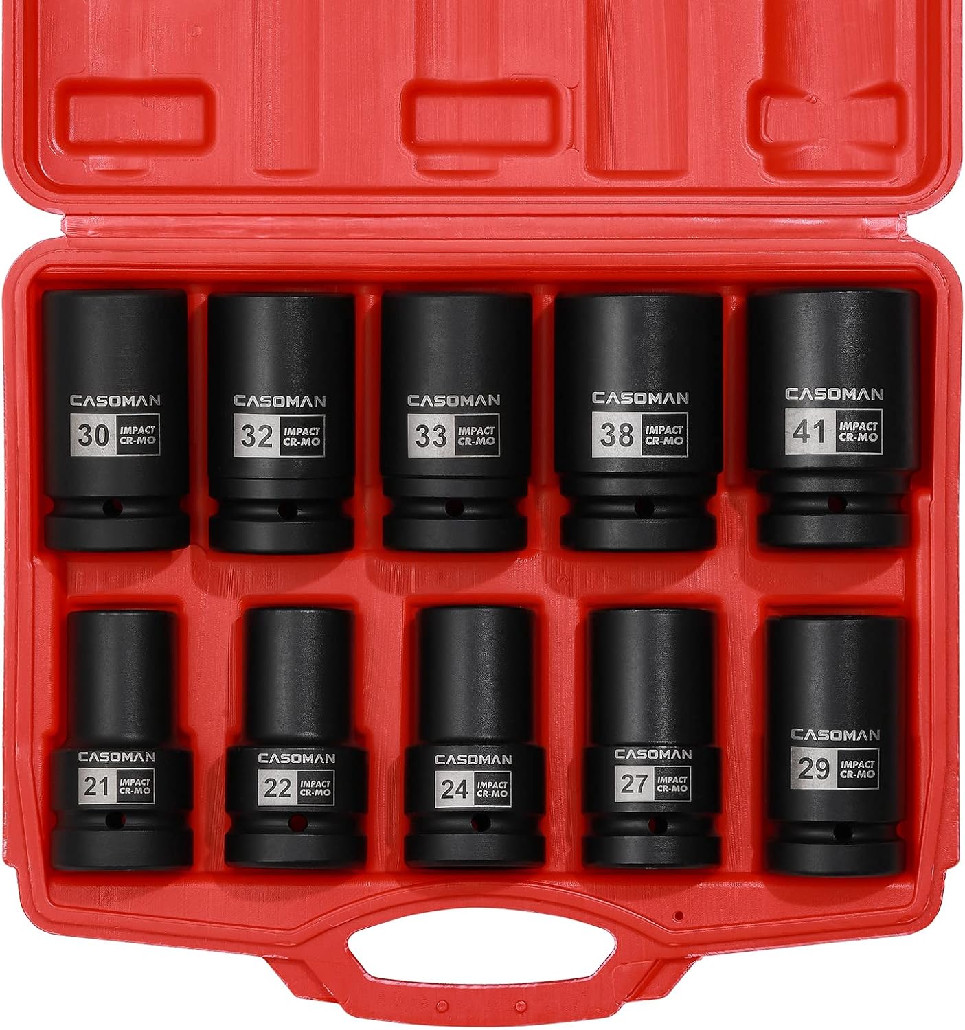 CASOMAN 10PCS 1-Inch Drive Deep Impact Socket Set, Metric, CR-MO, 21,22,24,27,29,30,32,33,38,41mm, Deep Spindle Axle Nut Impact Socket Set