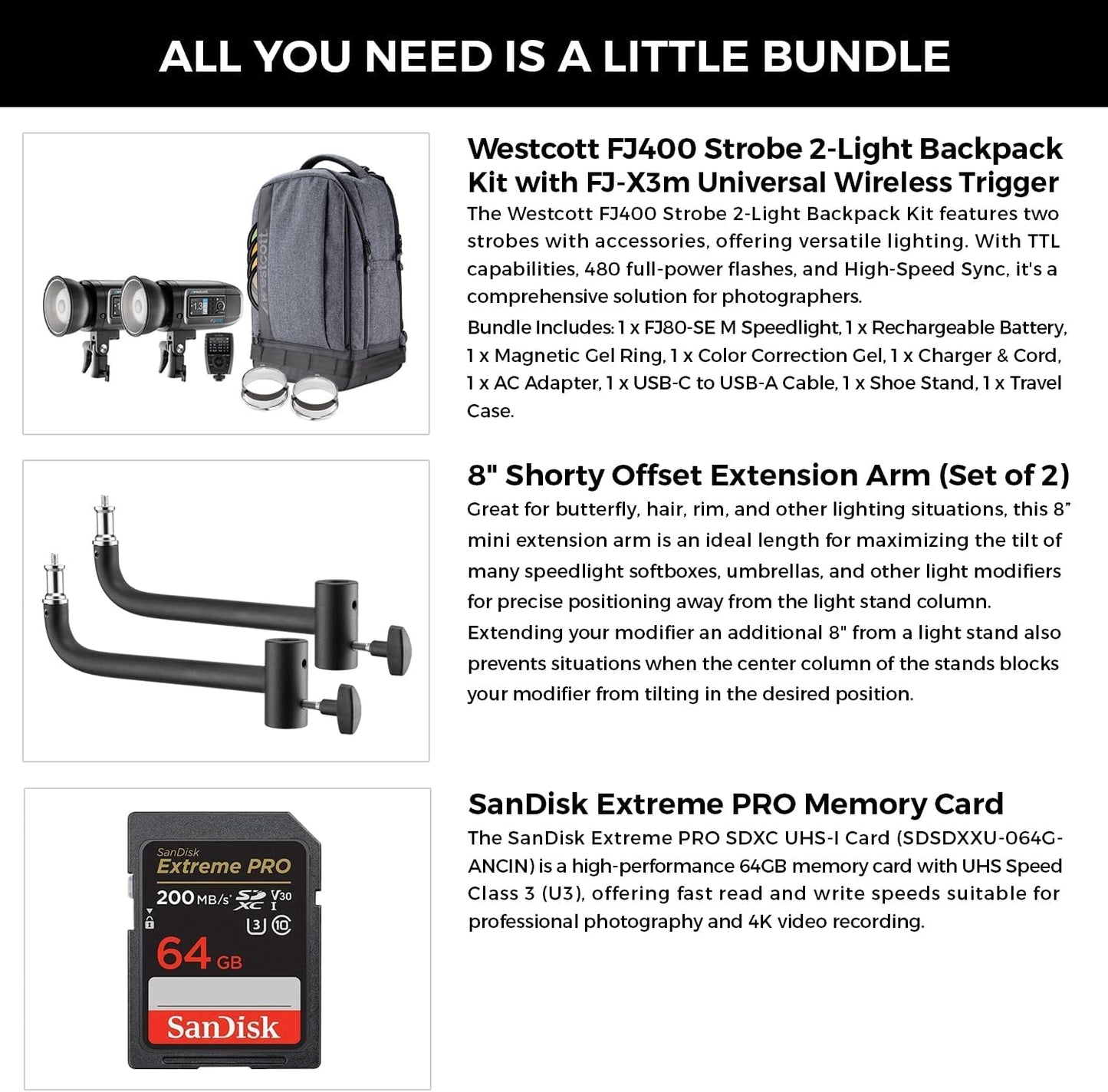 Westcott FJ400 Strobe 2-Light Backpack Kit with FJ-X3m Universal Wireless Trigger, 8 Inch Shorty Offset Extension Arm (Set of 2) and 64GB Extreme PRO Memory Card Bundle Set