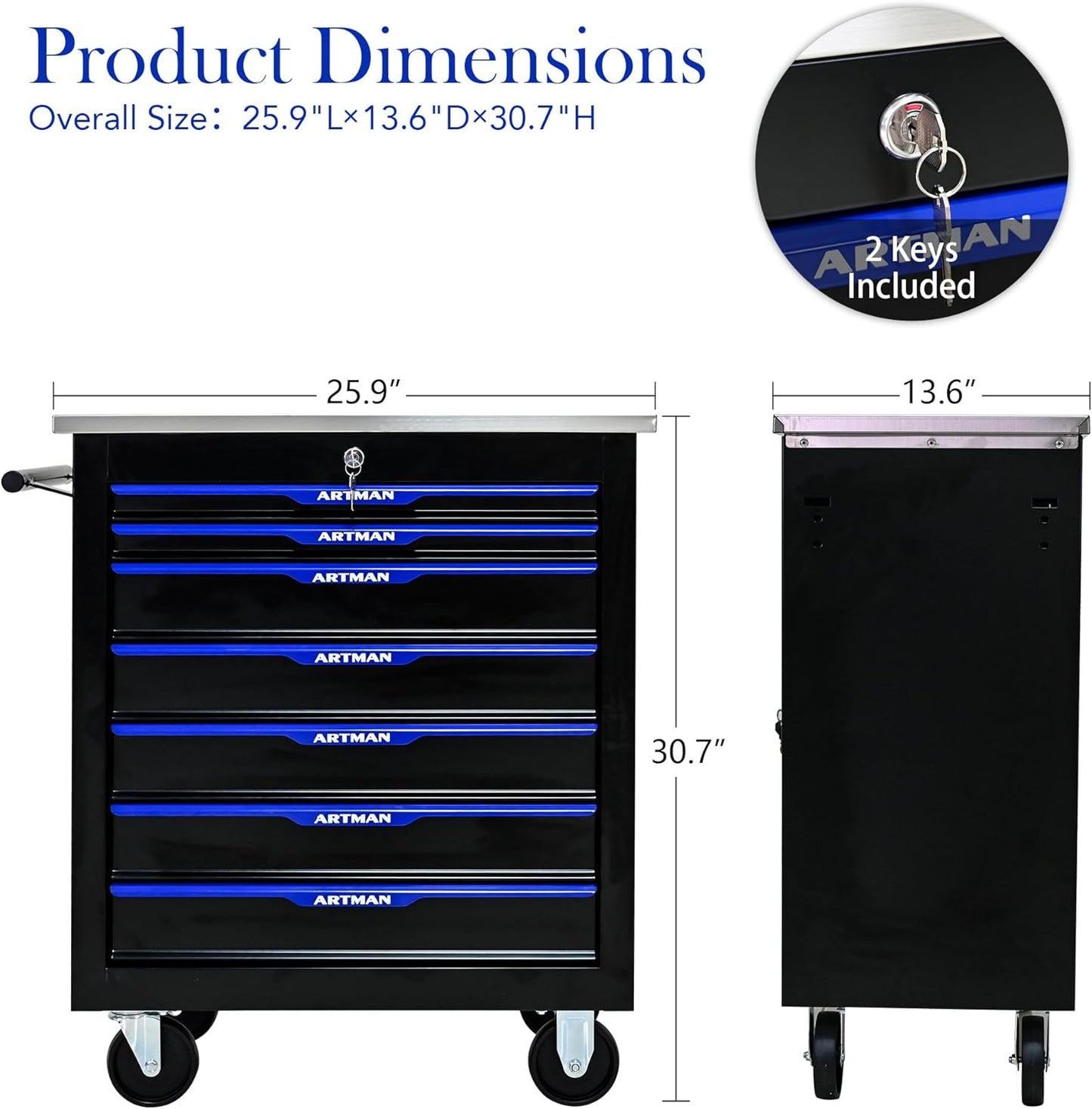 7-Drawer Heavy-Duty Rolling Steel Tool Cart with Handle&Wheels, Metal Storage Organizer Cabinet, Tool Chest for Efficient Tool Storage in Garage, Warehouse, Workshop, Repair Shop, Blue