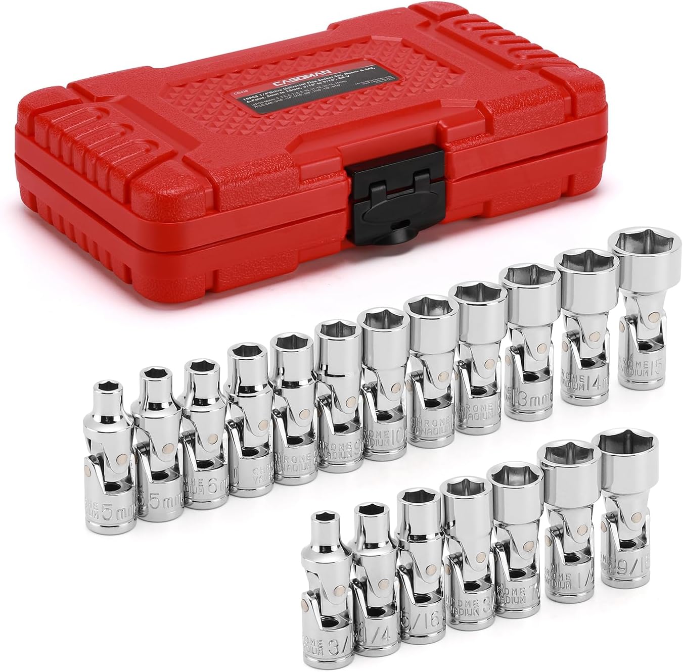 CASOMAN 17PCS 3/8" Drive Universal Flex Socket Set, SAE&Metric, 3/8" to 3/4", 10mm to 19mm, 6-Point, CR-V, Swivel Head, 360 Degree Access