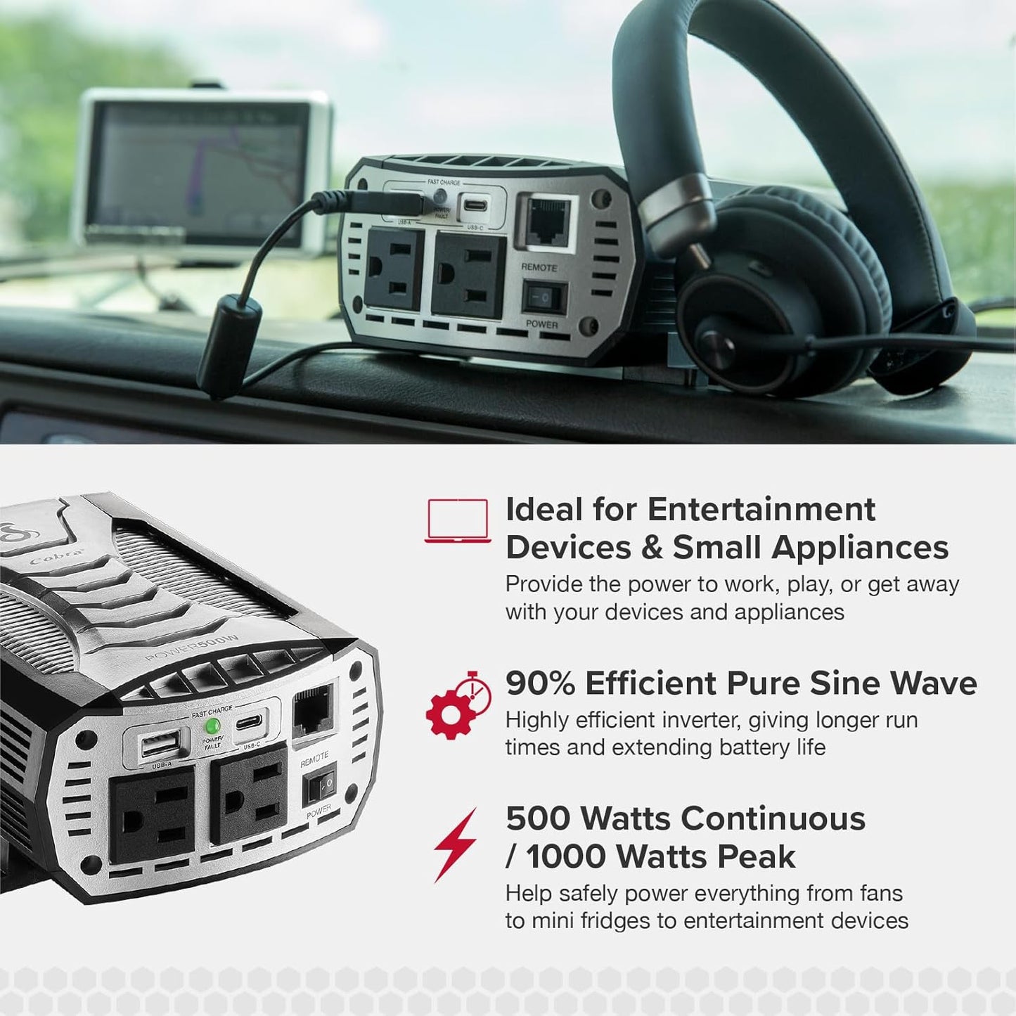 Cobra POWER 500W Power Inverter, Portable – 500-Watt Car Charger, 2 Grounded AC Outlets, 2 Fast Charge USB Ports and Remote Controller (CPIALCDG1) Compatible
