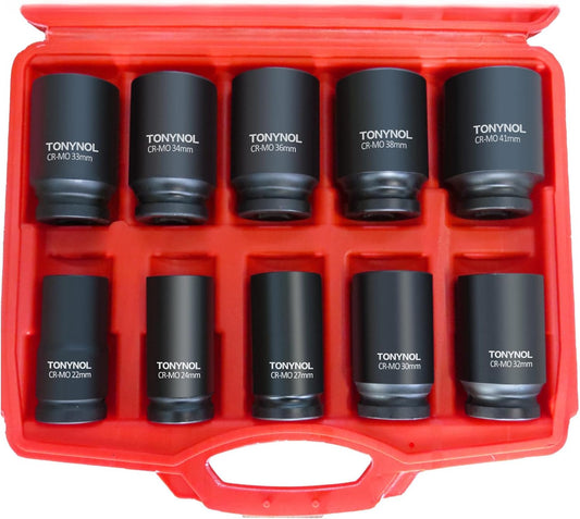 3/4 Inch Drive Deep Impact Socket Set,6-Point,Metric Size(22mm to 41mm),10 Pcs,Cr-Mo.Heavy Duty Impact Socket Set,With a Storage Case.