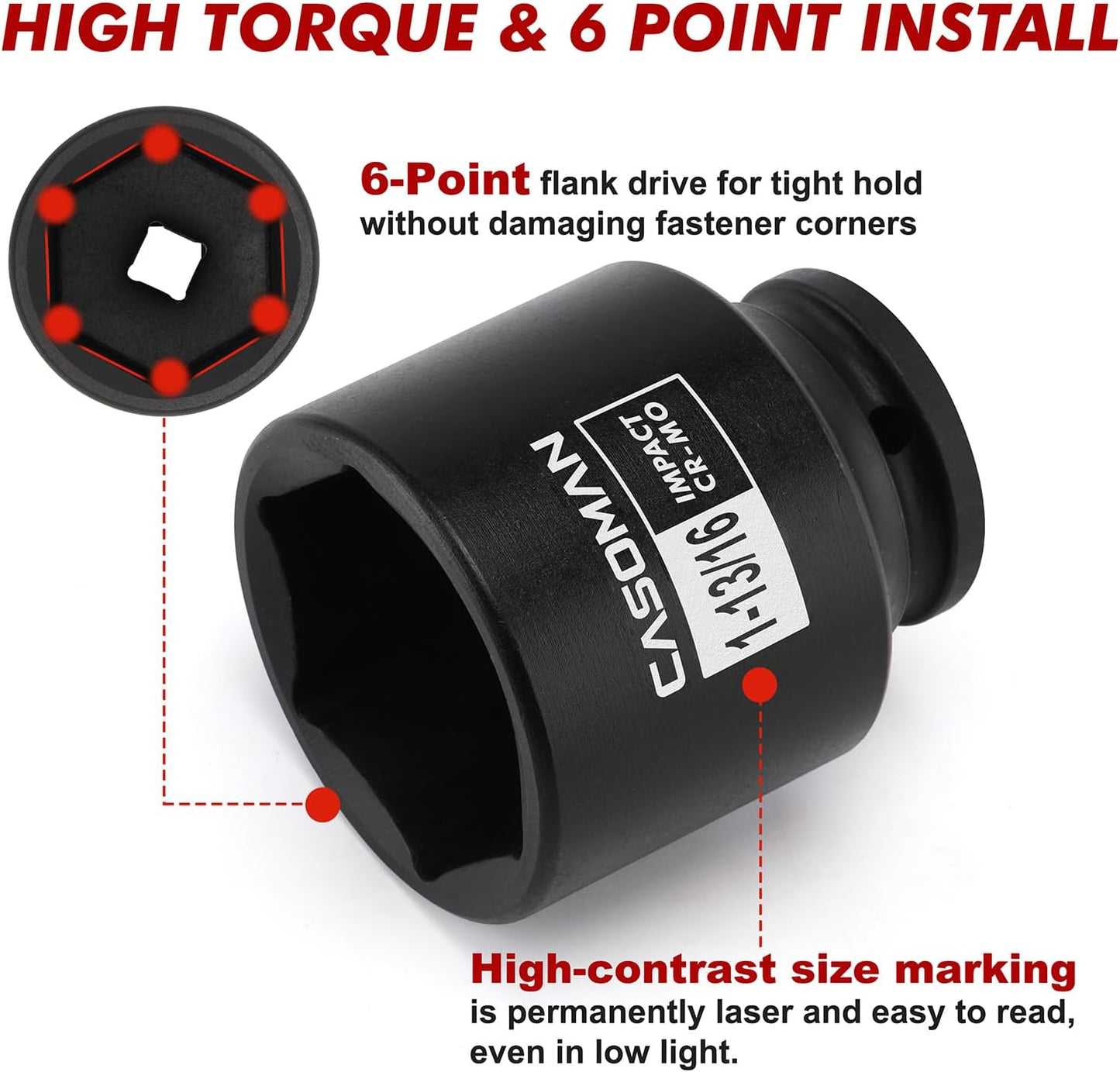 CASOMAN 16PCS 1/2" Drive Shallow Spindle Axle Nut Impact Socket Set, 6-Point, Large Socket Set, SAE(1-5/16" to 2-1/4"), CR-MO