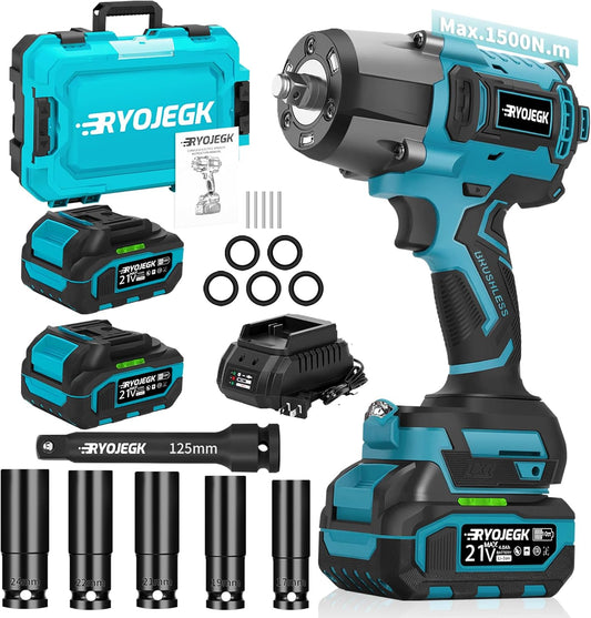 1500N.m Impact Wrench,1107Ft-lbs 1/2" Cordless Impact Gun,High Torque Brushless Power Impact Driver 3-Mode Speed with 2×4.0Ah Battery,Pistola de Impacto Set for Car Tire Truck RV Mower