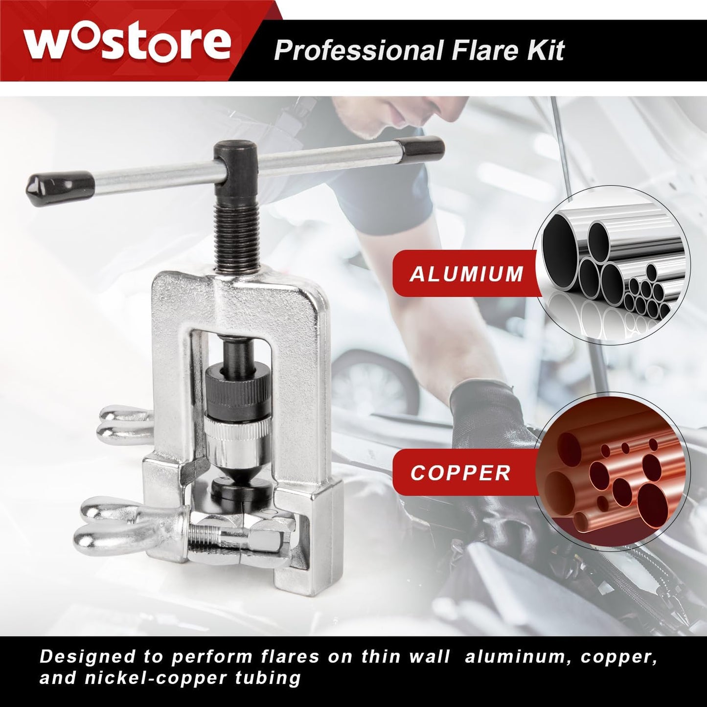Wostore Professional Brake Line Flare Kit for Single, Double (SAE) Flares & Bubble (ISO) Flares with Tubing Cutter Pipe Reamer for 3/16-5/8" 7 Sizes
