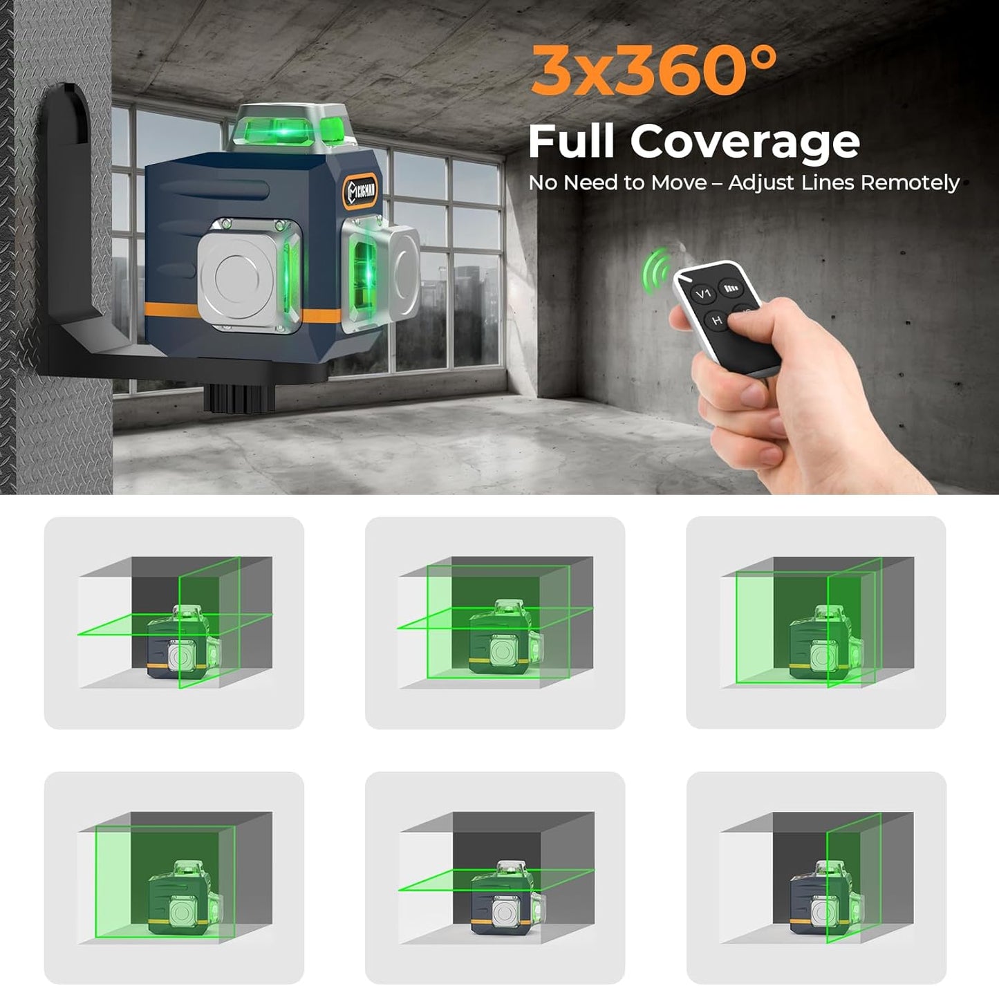 CIGMAN 3D Laser Level with Tripod,Remote Control,Compact Design,4000mAh Battery,Rotary Base,3x360°Self-Leveling Green Laser Leveler for Picture Hanging and DIY Projects