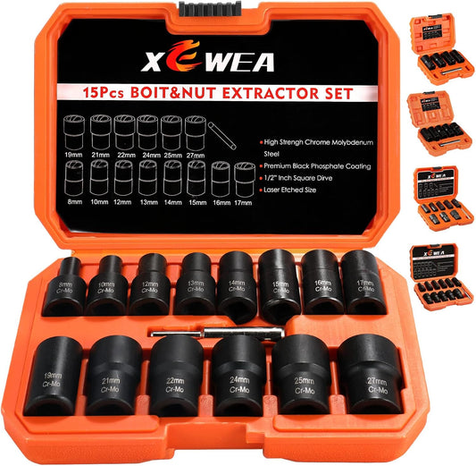 XEWEA 15PCS 1/2" Drive Lug Nut Removal Tools, Striped Wheel Lock Removal Kit Easy Out Twist Socket Extractor Set for Damaged, Frozen, Rusted, Rounded-Off Bolts Nuts & Screws