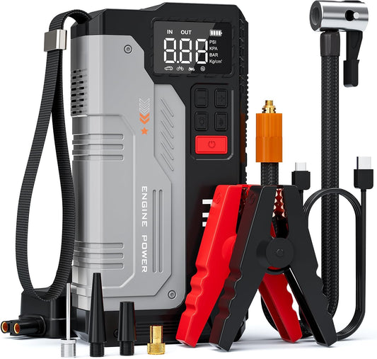 Car Jump Starter with Air Compressor, 5000A Portable Jump Starter Car Pack with 150PSI Tire Inflator for Up to 10.0L Gas and 8.0L Diesel Engines, 12V Jump Starter Box with LCD Display