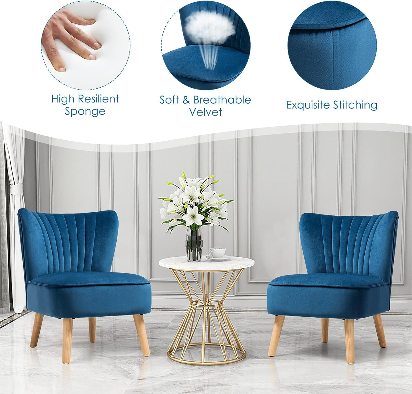 S AFSTAR Armless Accent Chair, Velvet Modern Chair with Rubber Wood Legs and Thick Sponge Seat, Upholstered Leisure Wingback Sofa Chair for Living Room for Bedroom Living Room (2, Blue)