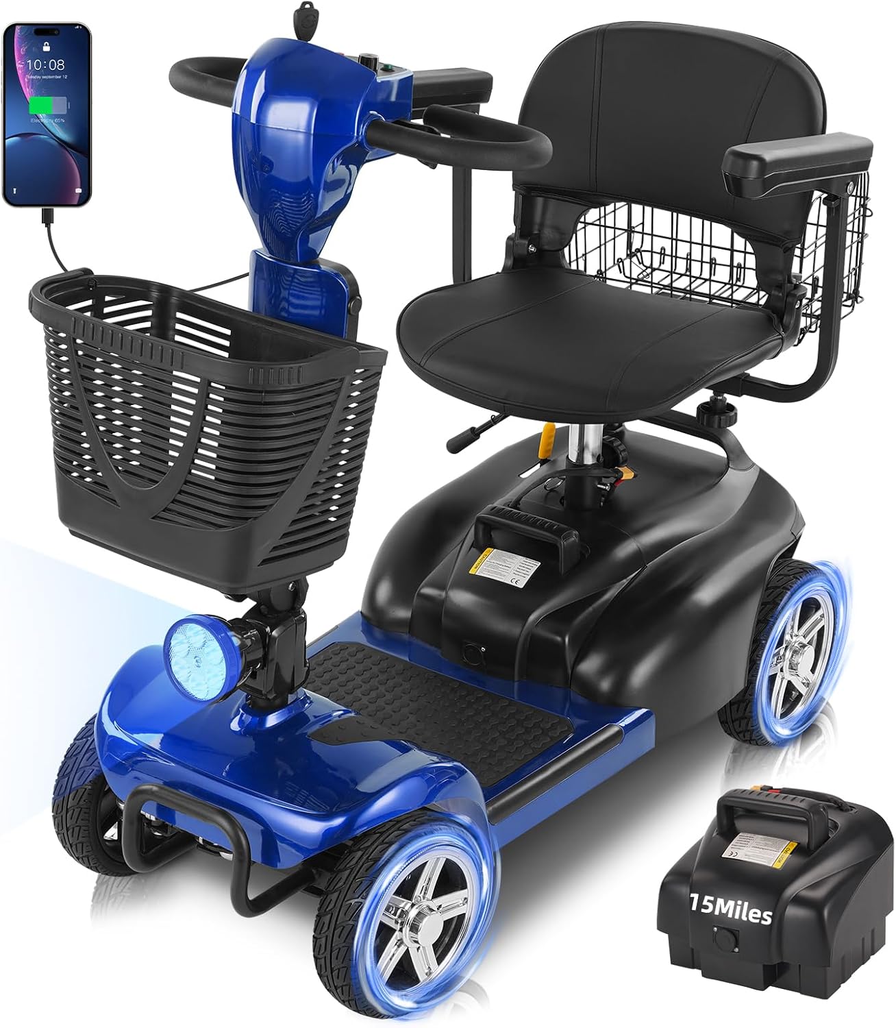 15/30 Miles 4 Wheels Mobility Scooter for Adults&Seniors Up to 300LBS, 350W Electric Powered Wheelchair Device w/Extended Battery, Dual Baskets, Rotating Seat, USB Charging