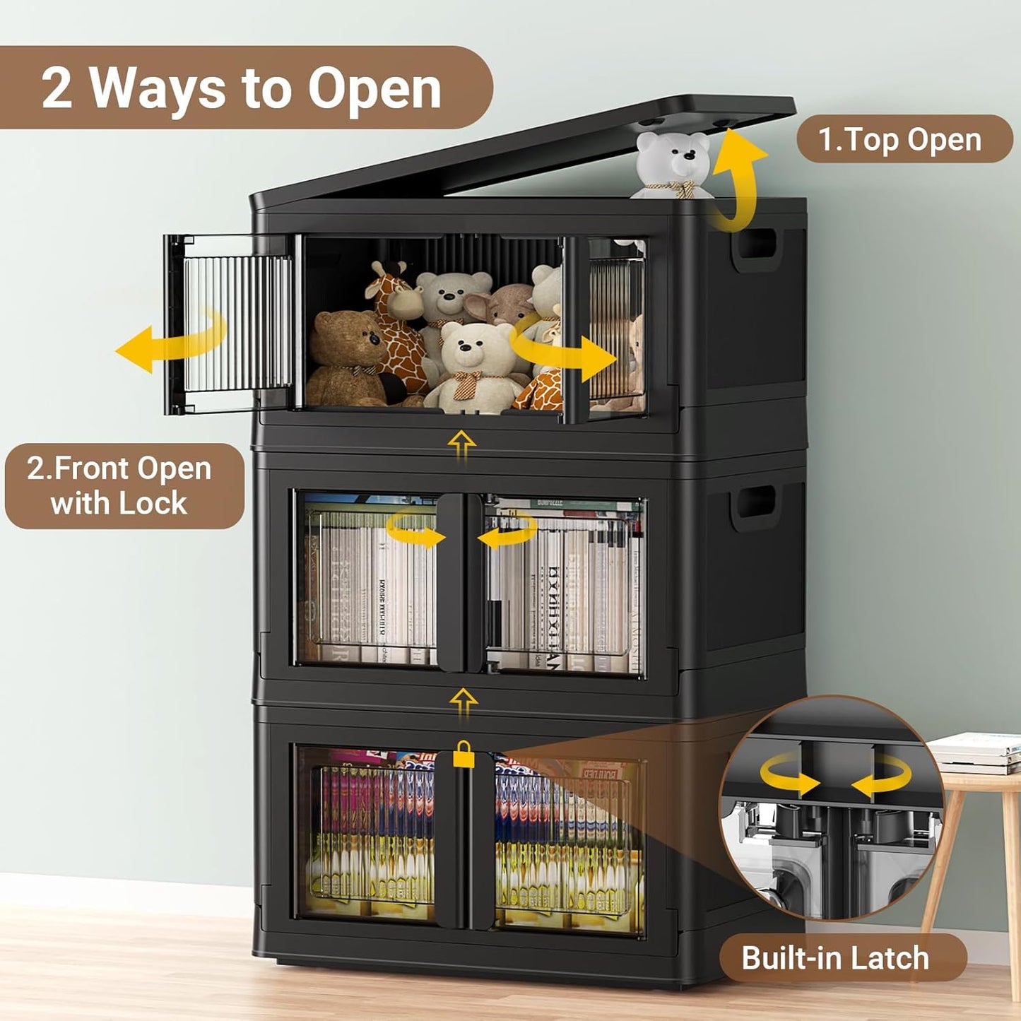 100QT Stackable Storage Bins With Lids, 25Gal Plastic Boxes With Wheels and Doors, Heavy-Duty Folding Closet Organizers, Cabinet for Closet Home Dorm, 1 Pack Black