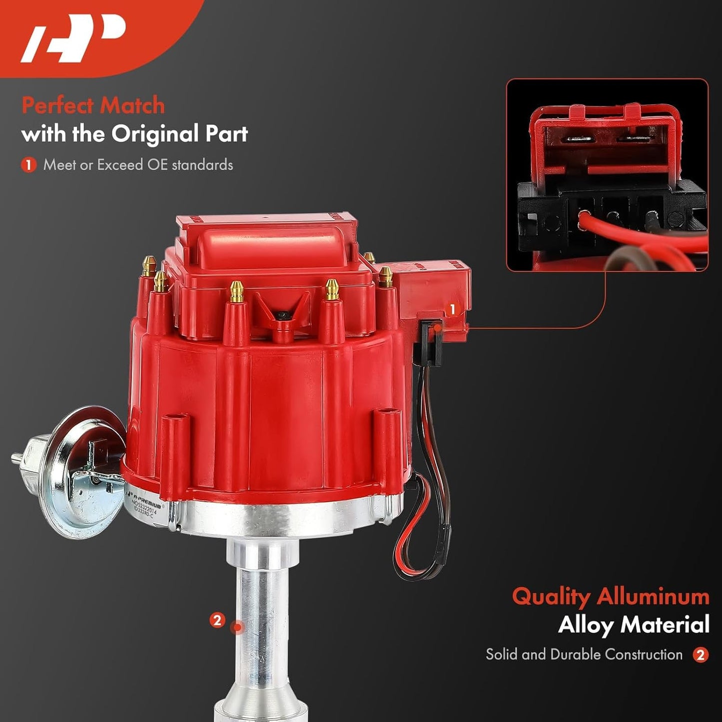 A-Premium Ignition Distributor with Cap and Rotor Compatible with Ford 351C 351M 400 429 460 HEI Distributor 7500 RPM 65K Coil, Red