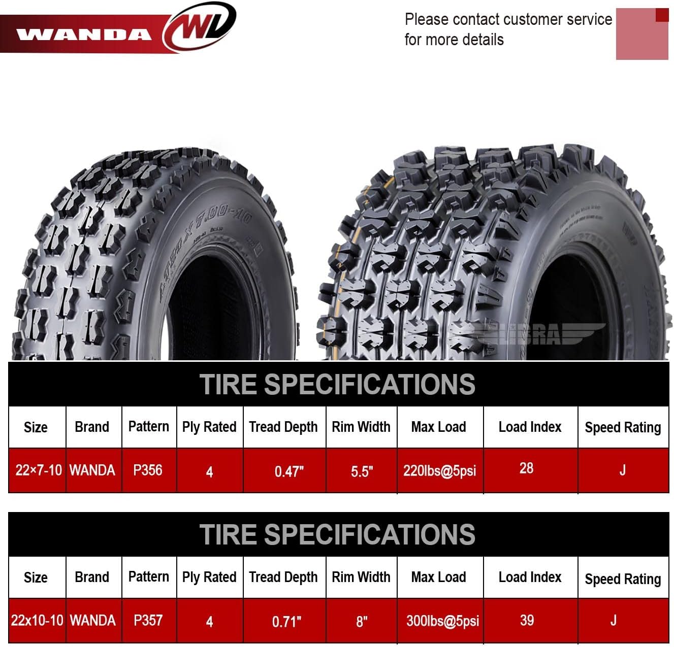 WANDA Set 4 ATV Tires 22x7-10 & 22x10-10 Yamaha Timberwolf 250 Beartracker Race Tires