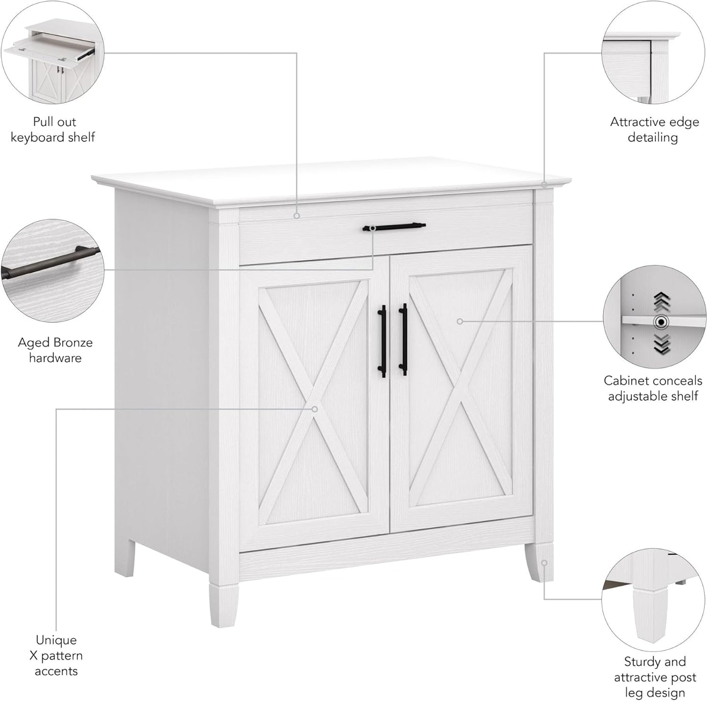 Bush Furniture Key West Secretary Desk | Accent Cabinet with Work Surface in Pure White Oak | 30W x 20D Hidden Writing Table and Storage for Small Spaces