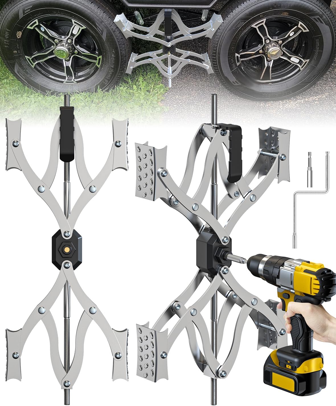 X Chocks XL [Extended Allow Drill Adjust], A Pair 4'' to 17'' Wheel Stabilizer for Travel Trailers, RV Tire Stabilizers Locked Chocks for Campers Travel Trailers Trucks, Wheel Scissor with Wrench