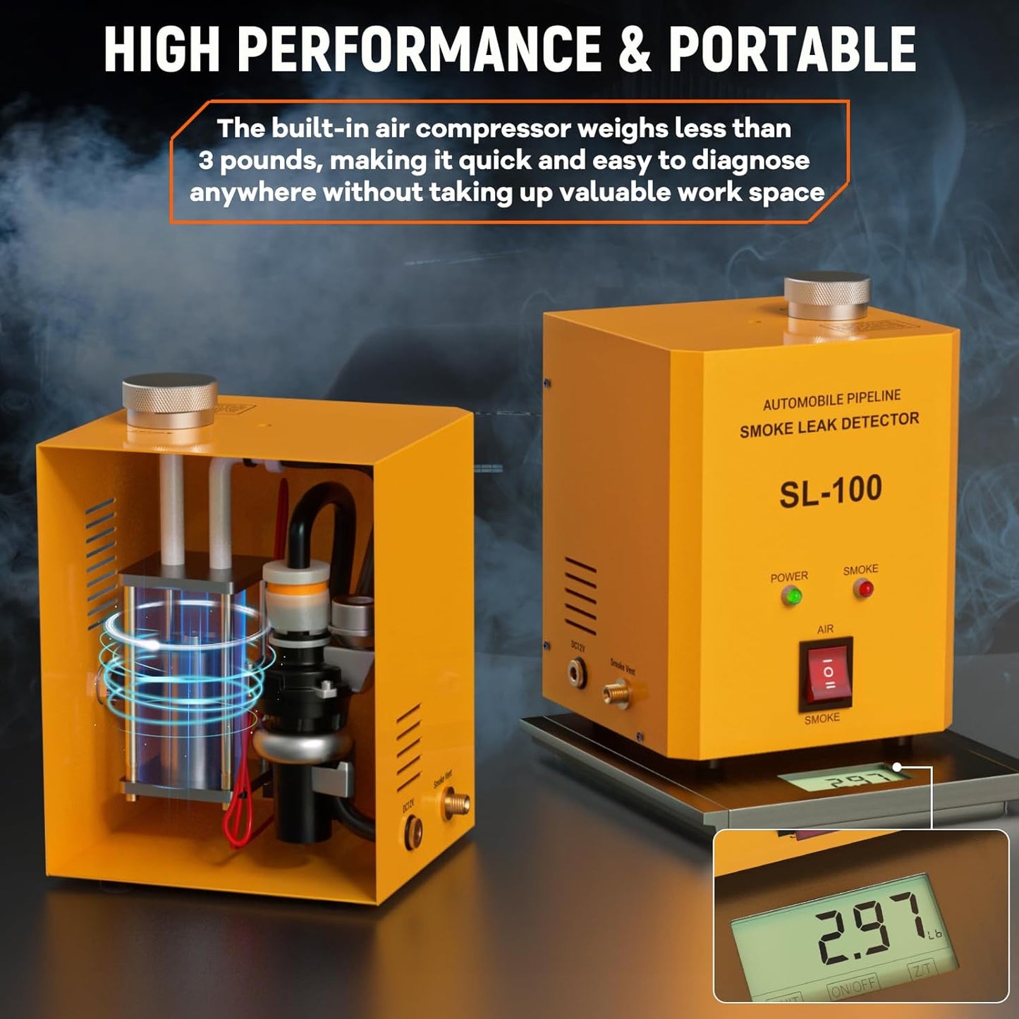SL100 Smoke Machine Automotive Leak Detector, 12L/Min High Output Flow, Built-in Air Pump Evap Vacuum Diagnostics Tester, Fuel Diagnostic Pipe System Automotive Smoke Machine for Car