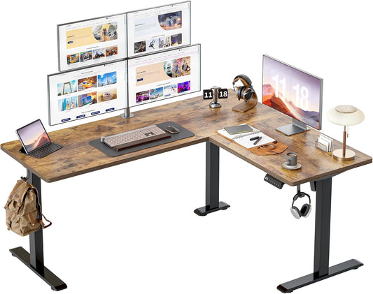 TIQLAB 63 x 55 inch L Shaped Standing Desk Adjustable Height, Electric Corner Standing Desk, Sit Stand Computer Table with Splice Board, Rustic Brown