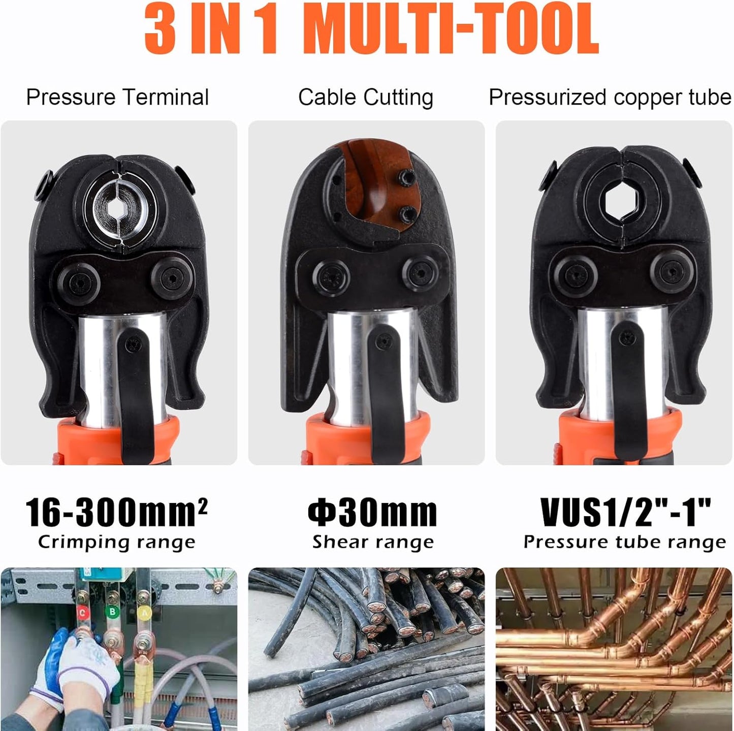 3 in 1 Electric Hydraulic Crimping Tool, 12 Ton 8AWG-600MCM and Pro Press Copper Crimper Tool with 1/2, 3/4, 1 Crimping Range, Hydraulic Cable Cutte φ25/32”Steel Wire Cutter 120KN