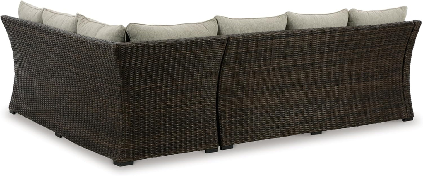Signature Design by Ashley Brook Ranch Casual Weather Resistant Right Hand Facing Outdoor Sofa Sectional/Bench with Cushion and 6 Throw Pillows, Set of 3, Beige & Dark Brown
