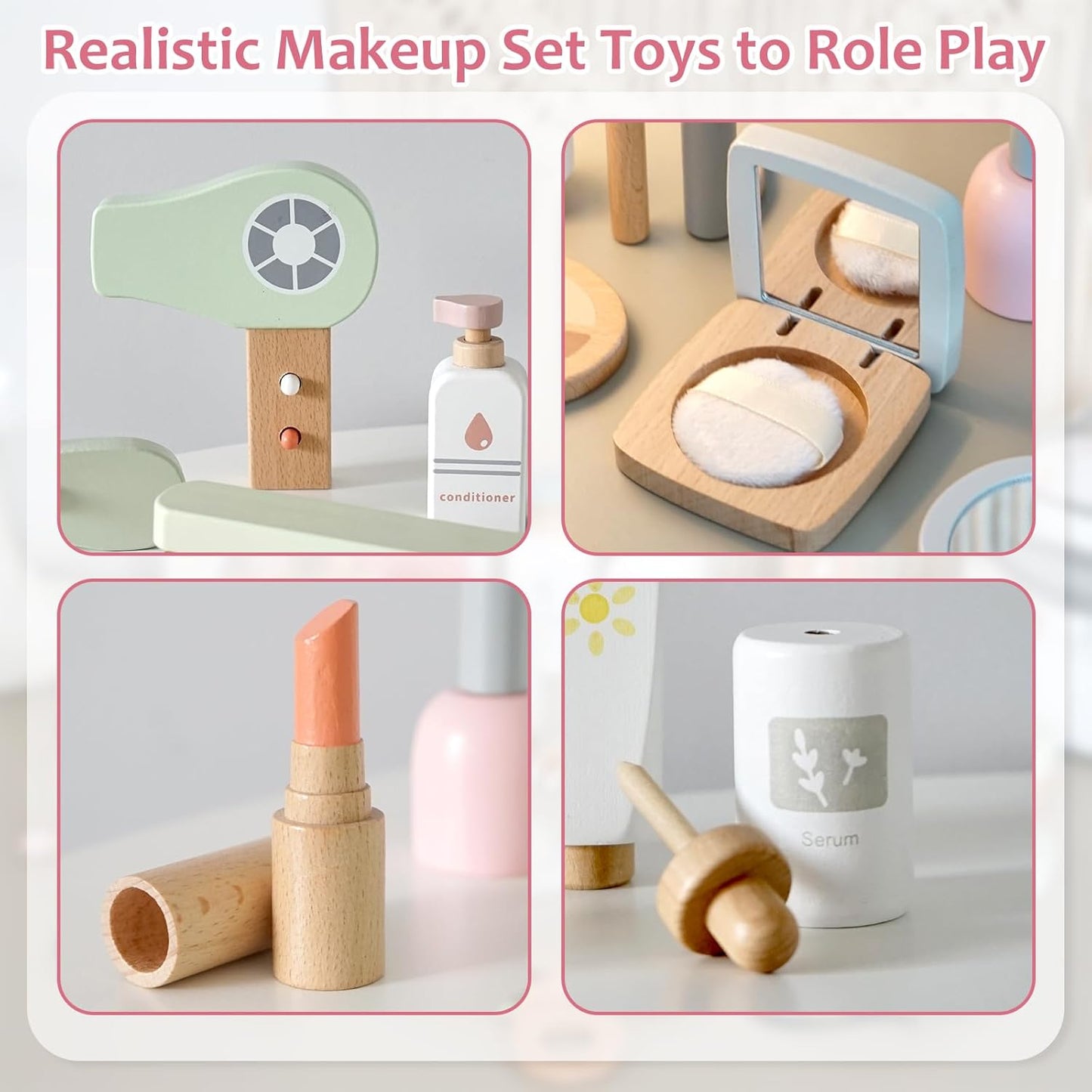 22 PCS Wooden Makeup Toy Set for Toddler Pretend Play,Wood Beauty Salon Toys Cute Wooden Makeup Kit with Realistic Accessories Gift for Girls 3 4 5 6
