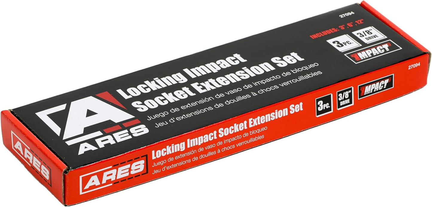ARES 27094 – 3-Piece 3/8-Inch Drive Locking Impact Socket Extension Set – Aluminum Locking Ring Collar for Quick Release of Sockets and Accessories – 3-Inch, 6-Inch, and 12-Inch Extensions