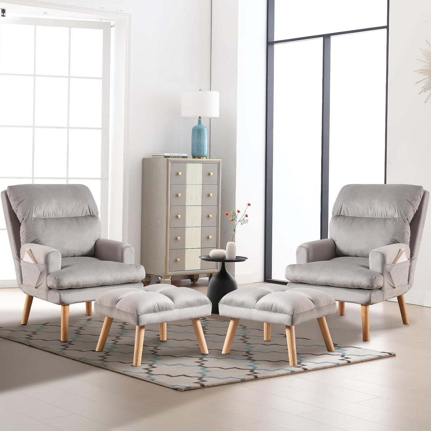 CANMOV Modern Accent Chair with Ottoman Set of 2, Soft Fabric Armchair with Adjustable Backrest and Side Pockets, Comfy Lounge Chair for Living Room, Bedroom, Apartment, Office, Camel