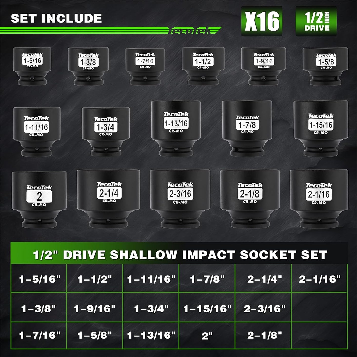 1/2" Drive Shallow 6-Point Impact Socket Set, 16-Piece SAE Spindle Axle Nut Impact Socket Set, Cr-Mo, 1-5/16-Inch to 2-1/4-Inch Size