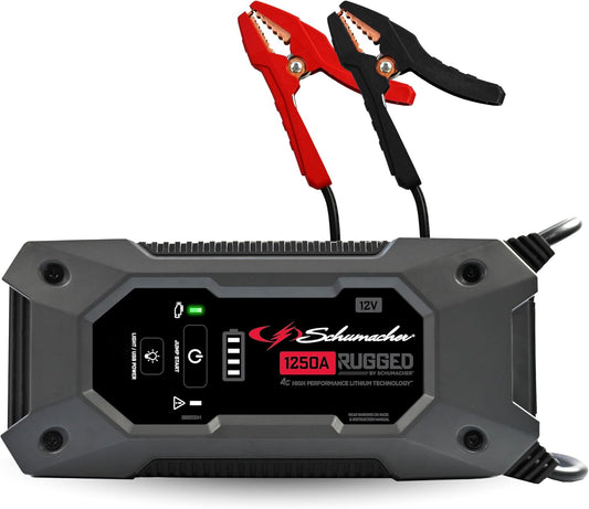 Schumacher Electric 1250A Rugged Lithium Car Battery Jump Starter and Portable Power Pack/Jump Box, 3-in-1 Solution, 2.4A USB Charging, for 12V Power Sport, Automotive, and Marine Batteries, SL1648