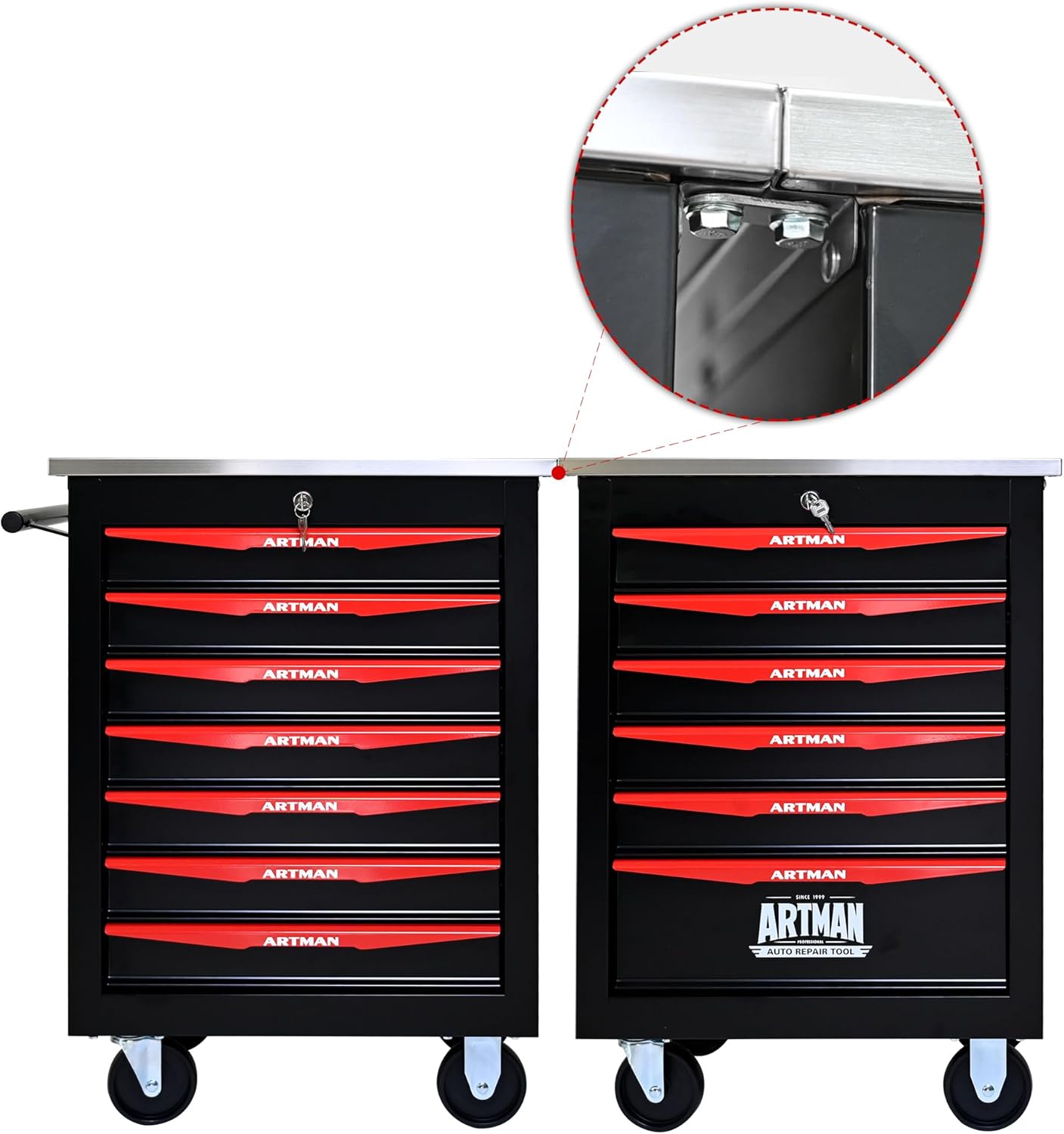 RYH 4/5/6/7 Drawer Heavy-Duty Rolling Tool Cart with Wheels & Lockable Drawers, Mobile Tool Chest with Stainless Steel Worktop, Ball-Bearing Slides for Garage,Tool Storage (Black, 7-Drawers)