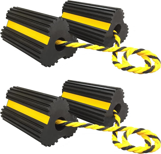 2 Pair Rubber Heavy Duty Dual Wheel Chocks Front and Back, RV Leveling Blocks Non Slip Base with Nylon Rope Yellow Reflective Tape for Travel Trailers, Car, Camper, Truck (4 Pack)
