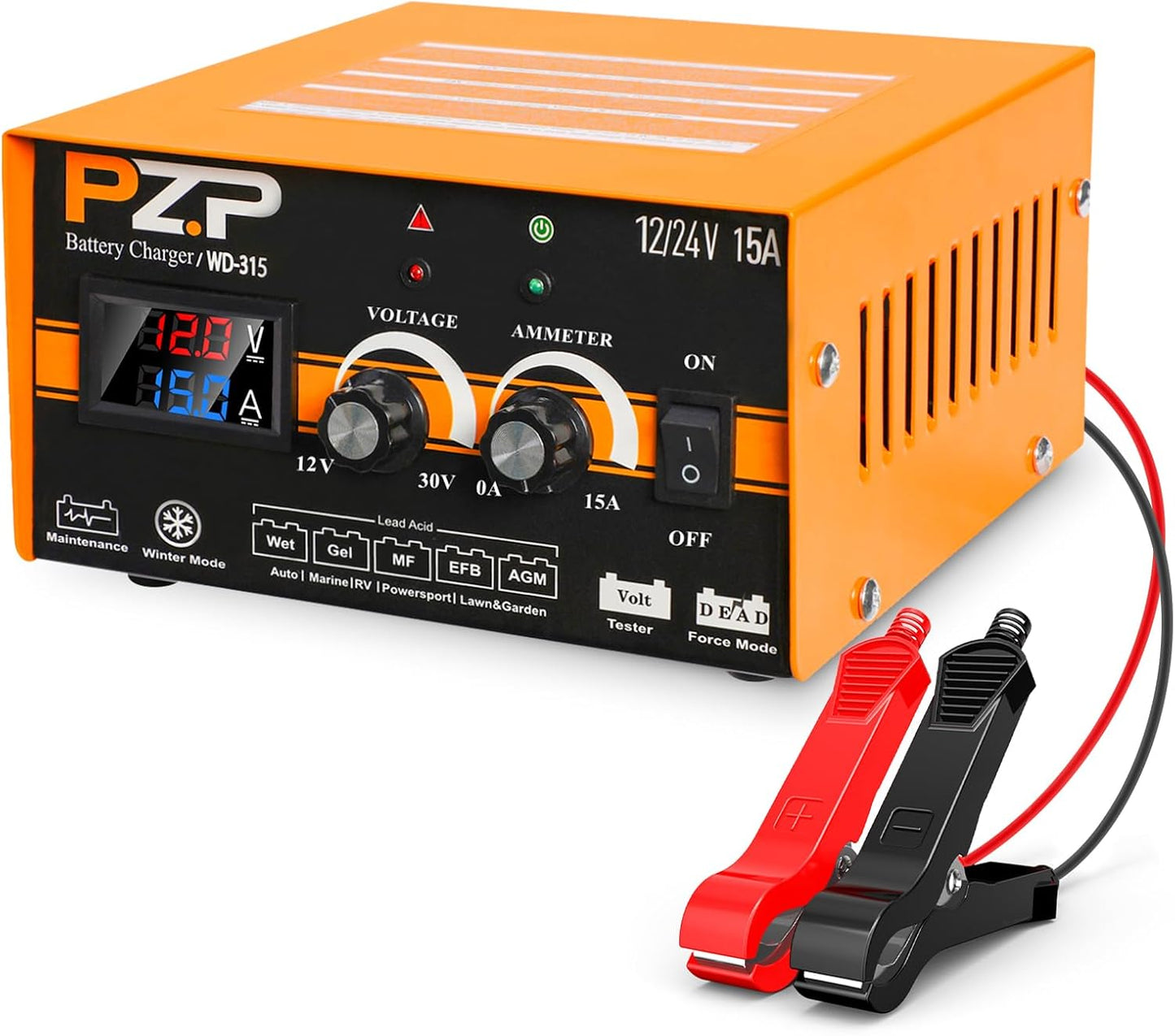 12V 24V Manual Battery Charger Maintainer, 0 to 15A Arbitrarily Adjustable Car Battery Trickle Charger, Battery Desulfator with Repair, Winter Mode, Suitable for AGM Gel Deep Cycle Truck RV ATV