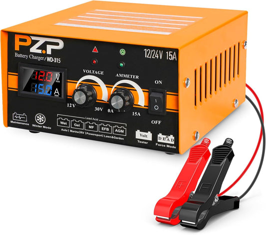12V 24V Manual Battery Charger Maintainer, 0 to 15A Arbitrarily Adjustable Car Battery Trickle Charger, Battery Desulfator with Repair, Winter Mode, Suitable for AGM Gel Deep Cycle Truck RV ATV