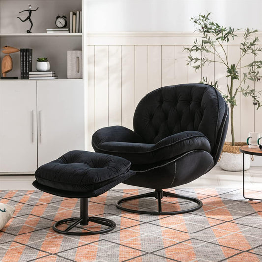 TRIPLE TREE Modern Swivel Accent Chair, Mid-Century Lounge Chair and Ottoman Set, Velvet Upholstered Button Tufted Recliner Chair, Reading Chair with Footrest for Living Room Indoor Bedroom, Black