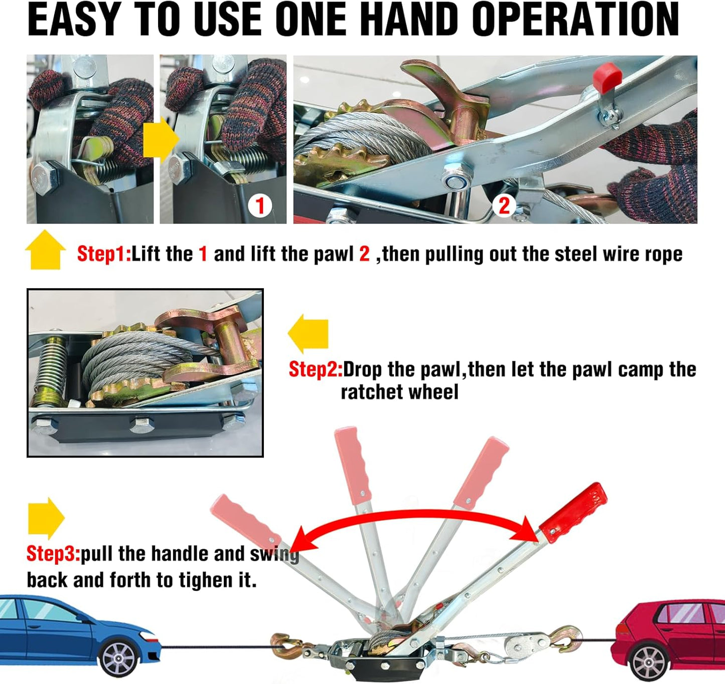 Come Along Winch - 11000 lbs/5T Pulling Capacity,12ft Steel Cable,3 Hooks,Dual Gear Power Puller,Automotive Hoist Cable Puller for Vehicle Rescue,Construction,and Farm