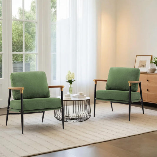 Accent Chair, Upholstered Chenille Living Room Chair with Metal Frame, Mid Century Modern Reading Lounge Sofa Armchair with Removable Cushion for Living Room, Bedroom, Office (Green, Set of 2)