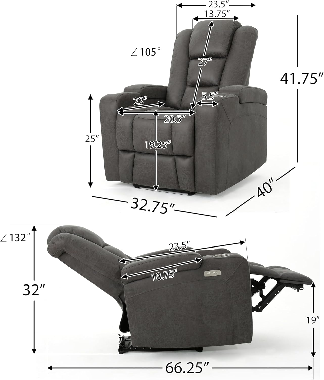 33" Wide Power Recliner Chair - Modern Recliner Chair with Arm Storage and USB, Reclining Sofa Chair for Adults, Overstuffed Cushions High Back Home Theater Seat for Living Room (Microfiber, Grey)