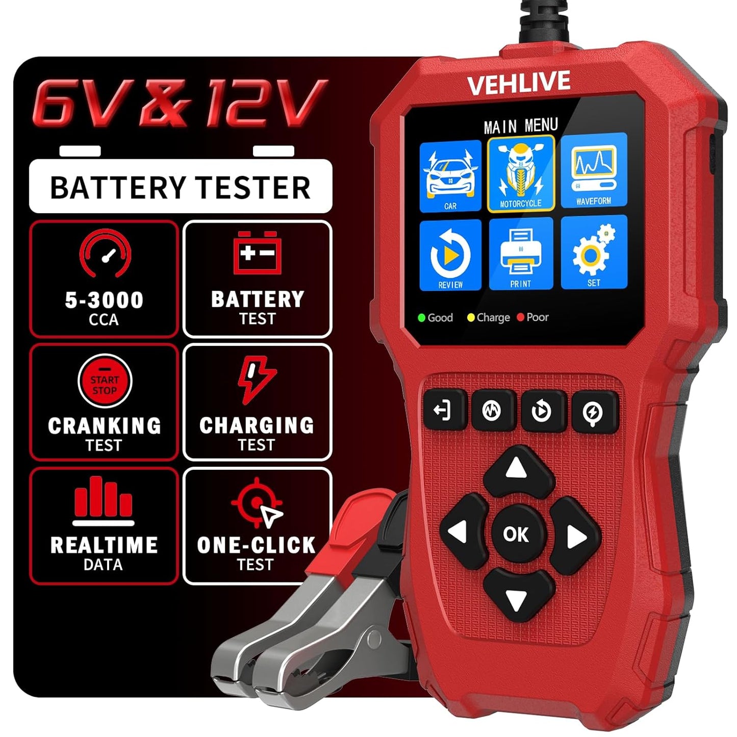 Car Battery Tester 6V 12V, 5-3000CCA Battery Load Tester, Automotive Alternator Tester Digital Auto Battery Analyzer Charging Cranking System Tester for Car Truck Motorcycle SUV ATV Boat Yacht