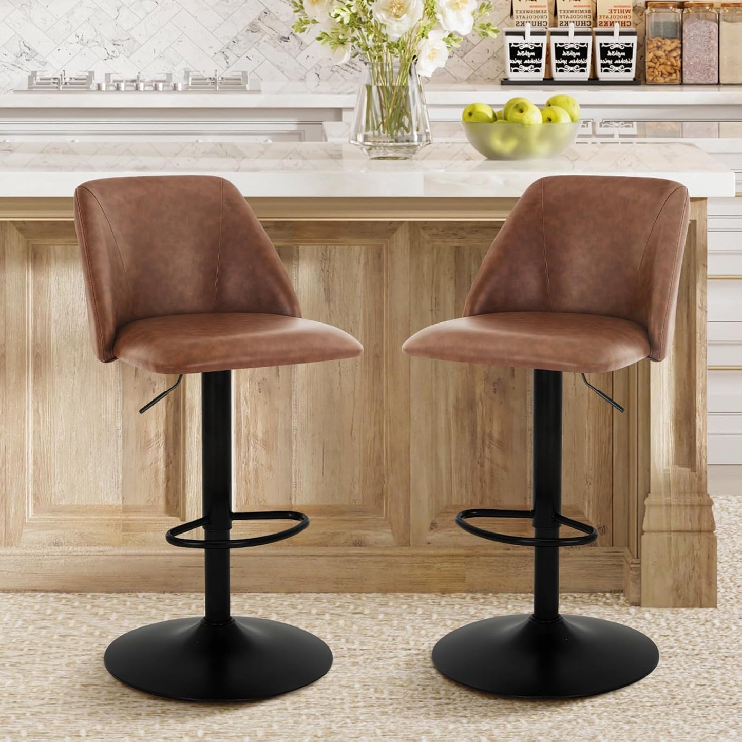 COLAMY Bar Stools Set of 3, Modern Swivel Bar Chairs, Adjustable Upholstered Barstools Counter Height with Full Backrest for Bar, Dining Room, Kitchen Island, Beige