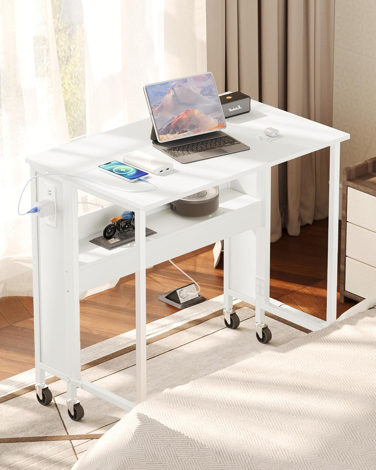 31.5" Modern White Folding Computer Desk with Power Outlets, Wheels, Storage, Perfect for Small Spaces White TDN01UWB