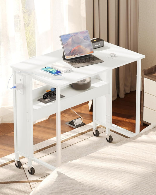 31.5" Modern White Folding Computer Desk with Power Outlets, Wheels, Storage, Perfect for Small Spaces White TDN01UWB