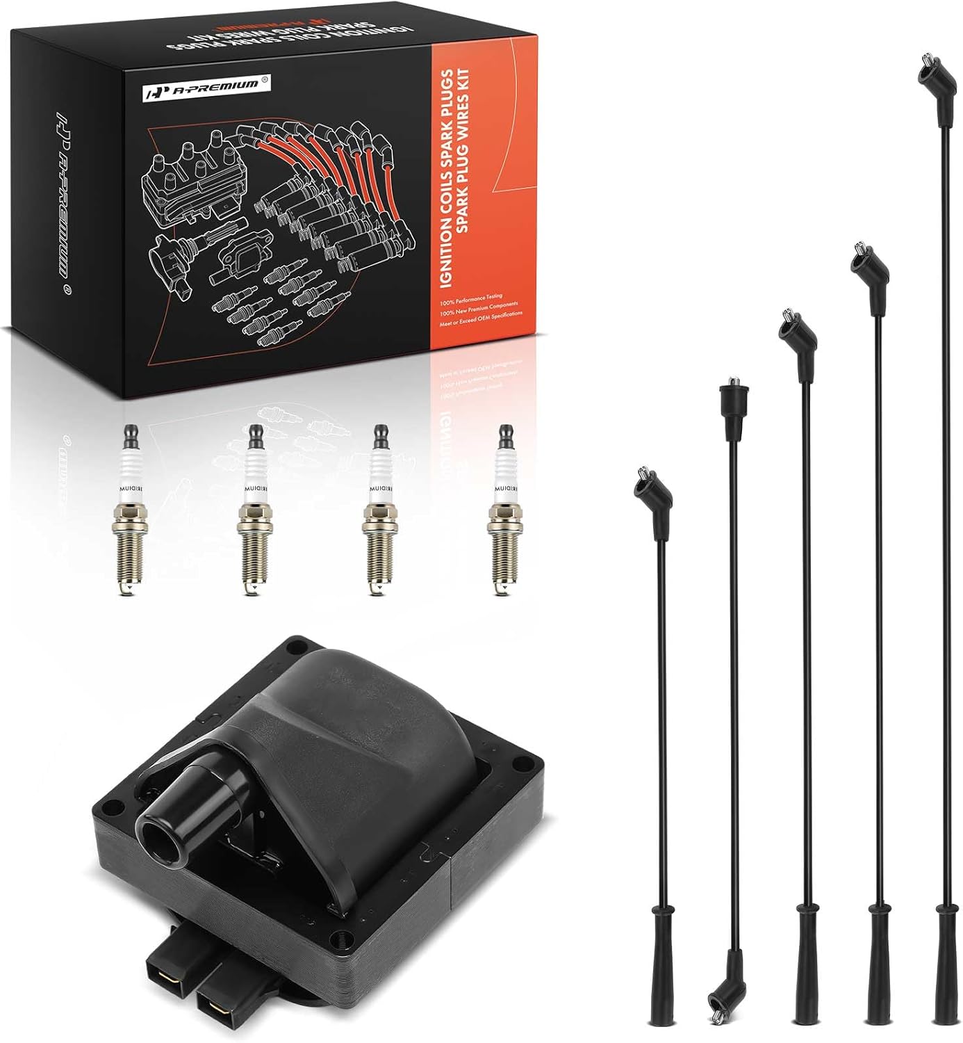 A-Premium 1 Ignition Coil with 5 Spark Plug Wires and 4 Iridium Spark Plugs Compatible with Toyota 4Runner 1984, Celica 1981-1982, Corona 1981, Pickup 1981-1990, 3.4L
