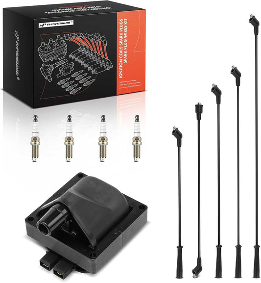 A-Premium 1 Ignition Coil with 5 Spark Plug Wires and 4 Iridium Spark Plugs Compatible with Toyota 4Runner 1984, Celica 1981-1982, Corona 1981, Pickup 1981-1990, 3.4L