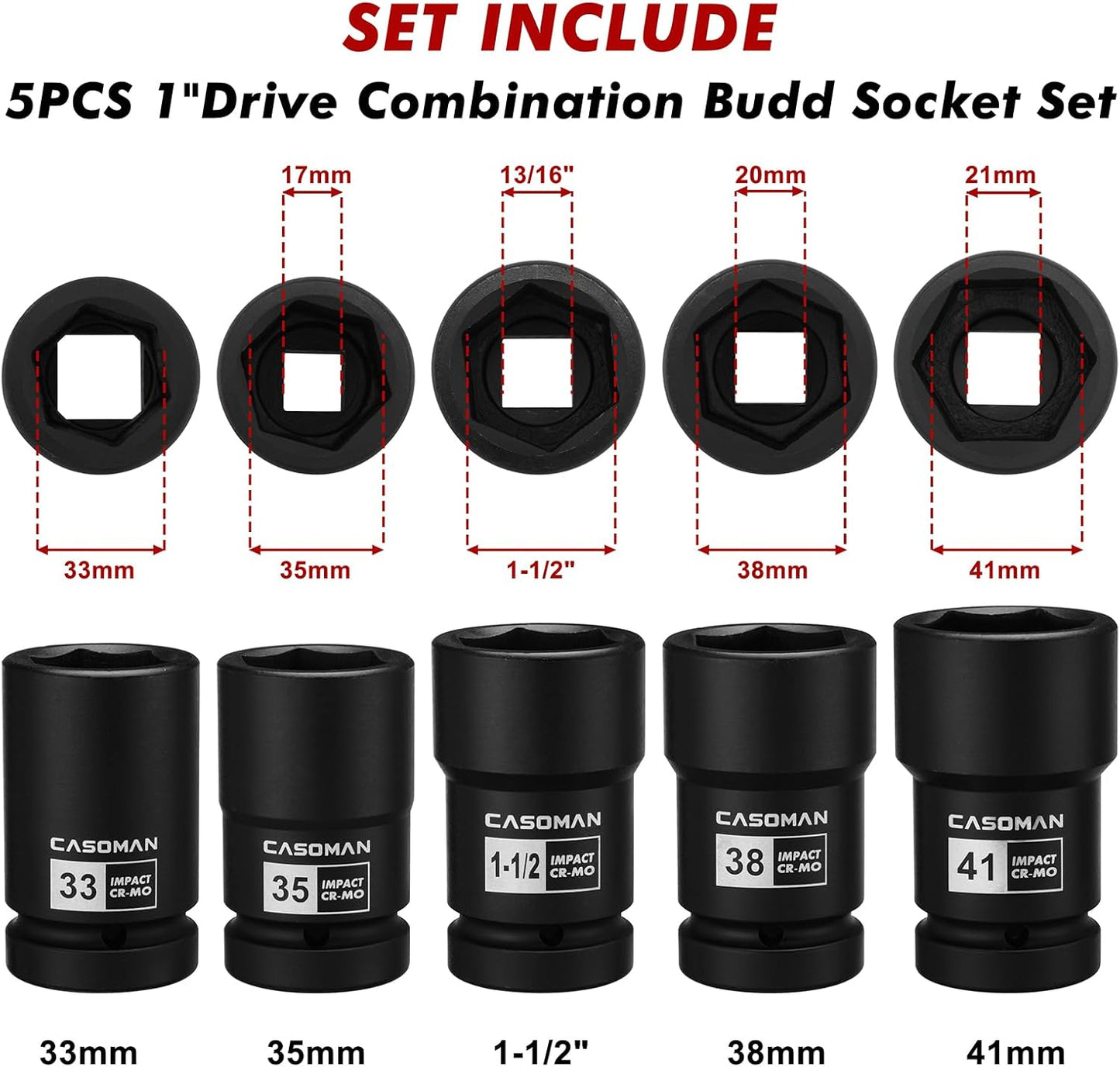 CASOMAN 1-Inch Drive Budd Socket Set, 33mm,35mm,38mm,1-1/2",41mm, Metric & SAE, CR-MO