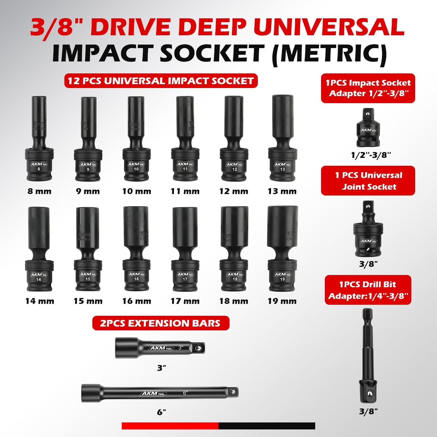 3/8" Drive Universal Impact Socket Set, 17 Piece Swivel Socket Set, Universal Joint Wobble Socket 6-Point, Metric, 8-19mm, Cr-Mo, with Extension Bars, Socket Adapter, Drill Bit Adapter