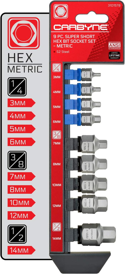 CARBYNE 9-Piece Metric Super Short Low Profile Hex (Allen) Bit Socket Set | 3mm to 14mm, Dual-Drive: Internal Square Drive & External Hex Drive • From a Family-Run Tool Company in the U.S.