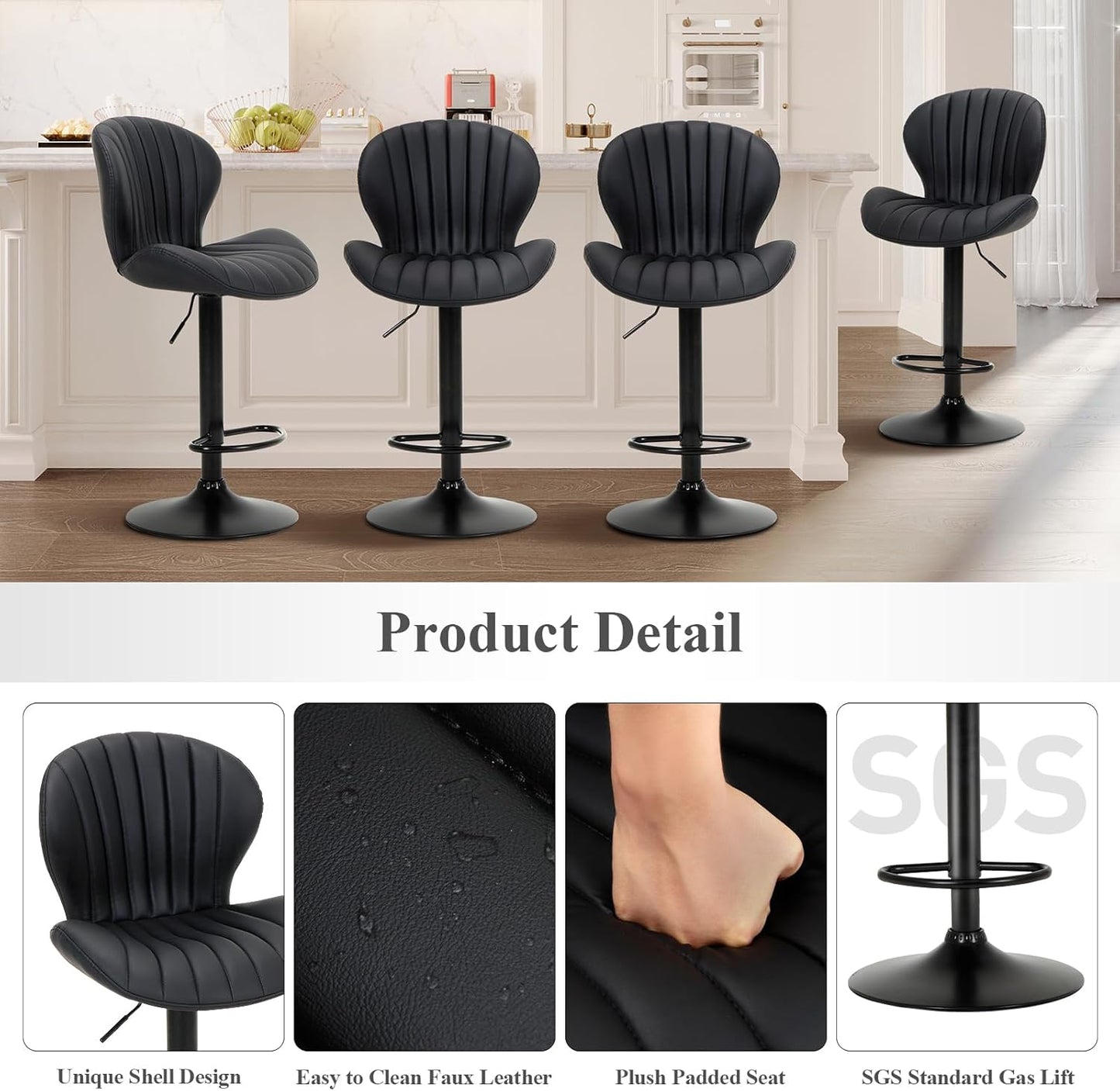 COLAMY Bar Stools Set of 2, Modern Swivel Bar Chairs, Adjustable Faux Leather Upholstered Barstools Counter Height with High Backrest for Bar, Kitchen Island, Dining Room, Black