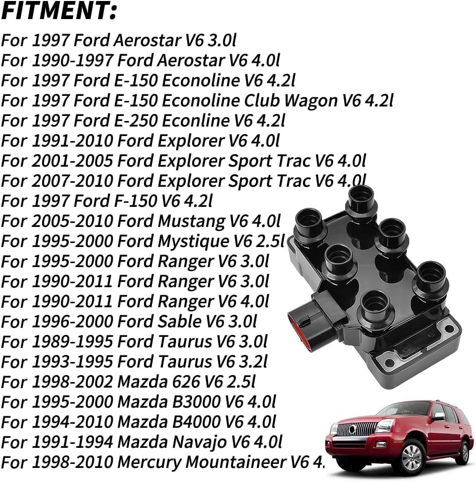 Set of 1 DG452 Ignition Coil Pack & 6PCS Spark plugs & wires Compatible with 1990-2011 Ford Ranger 3.0l, 2005-2010 Mustang Aerostar Econoline Explorer Mystique Mystique Sable Taurus Replaces FD480