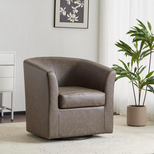 Christopher Knight Home Daymian Faux Leather Swivel Club Chair, Living Room Swivel Barrel Chair with 360-Degree Rotation and Cushion, Modern PU Club Chair with Metal Base, Dark Brown