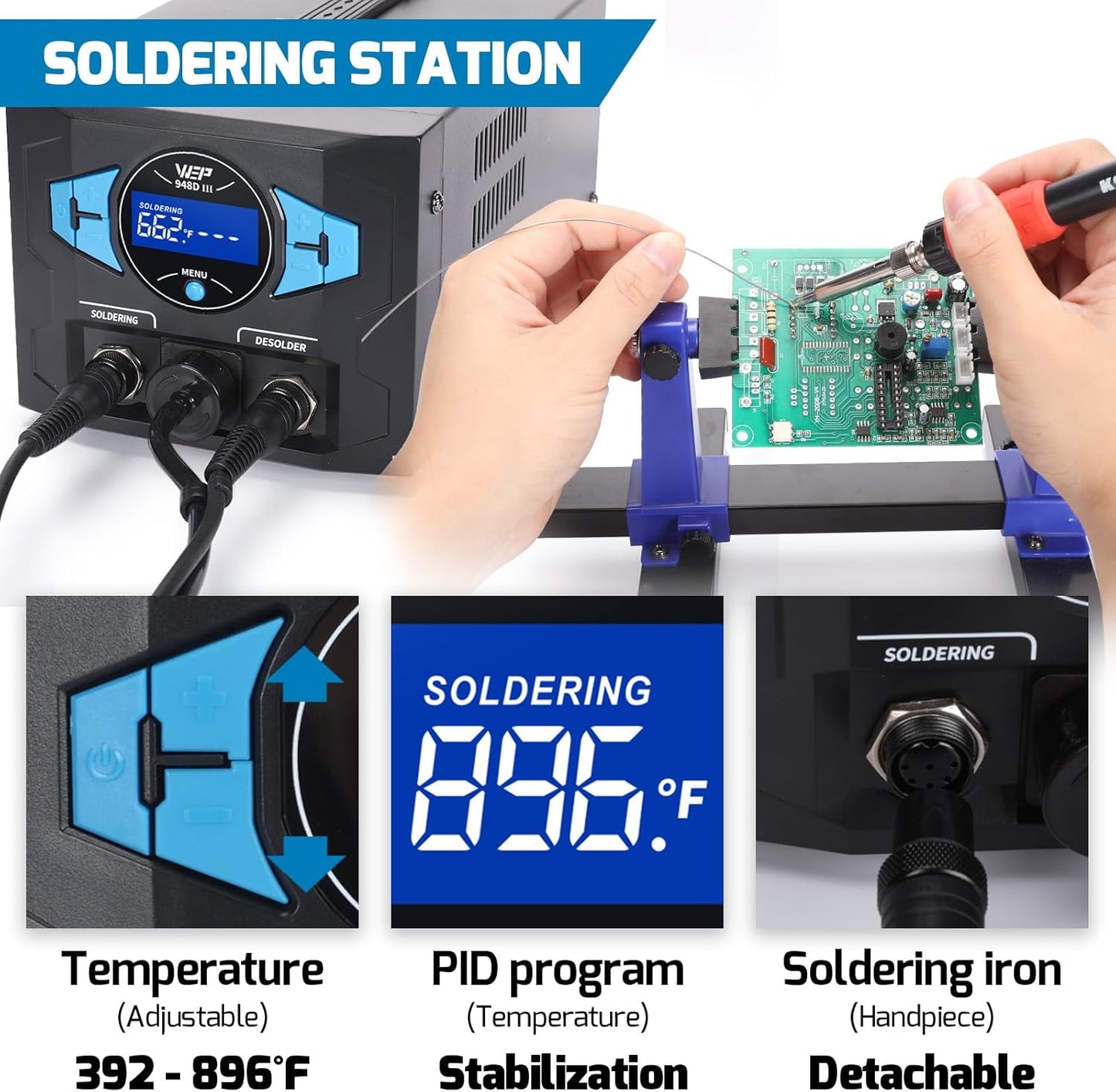 WEP 948D III Upgraded 2-IN-1 ESD Safe Soldering Desoldering Station with Fast-Heating Desoldering Gun & Soldering Iron, Sleep Mode, Automatic Shutdown, Temperature Calibration with 31 Pcs Accessories