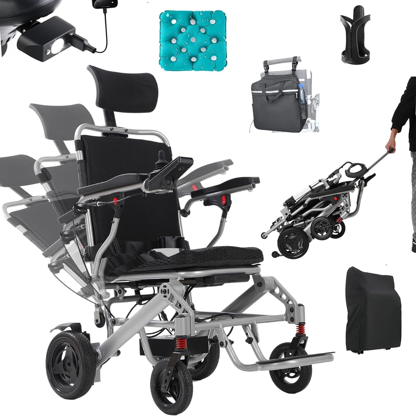 16" Big Front Wheel Electric Wheelchair Foldable All Terrain, Dual Brakes, 20” Seat Width Motorized Wheelchair, Electric Wheelchairs for Adults 330lb, Backpack, Led Light and Rear Control Included
